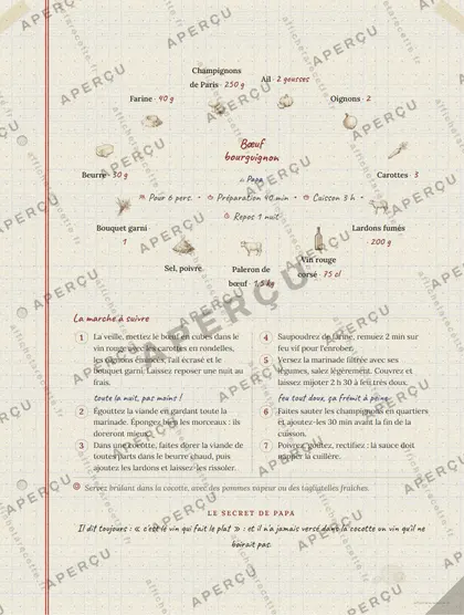 Une affiche de bœuf bourguignon en couronne, univers cahier de famille